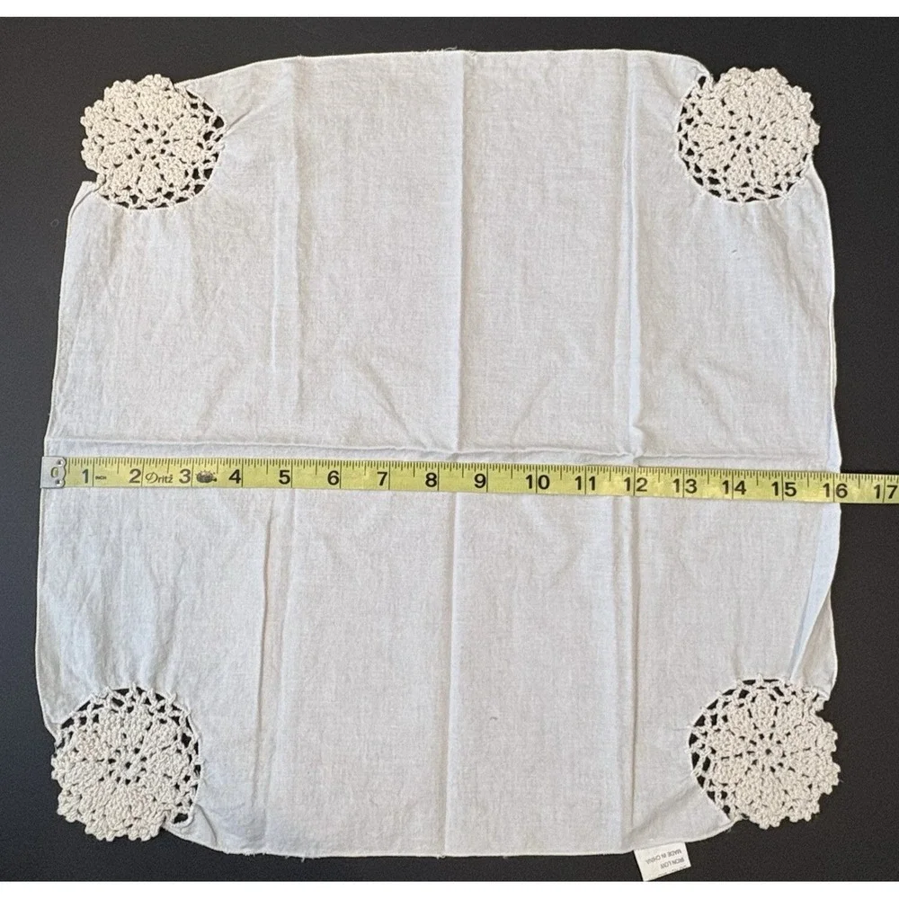 Vintage (3) Cream Square Napkins with Crocheted Doily Edges Cottage Core Grandma